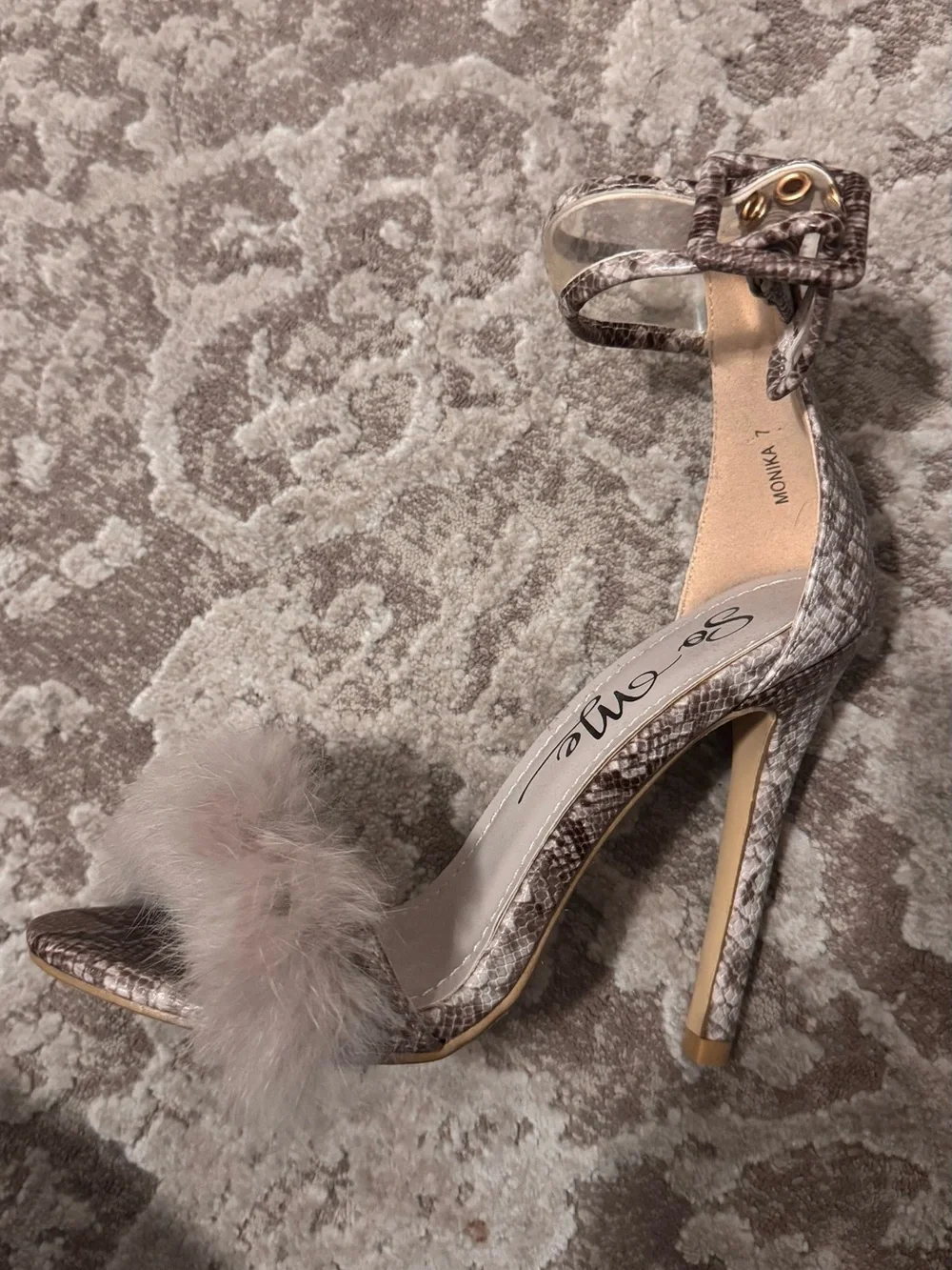 So Me Faux-Fur Snake-Print Ankle-Strap Heels in Light Gray